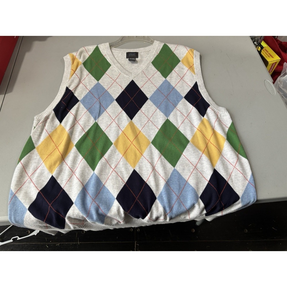 Vintage Argyle White Multi Business Casual Sweater Vest Mercer Street Studio XXL
